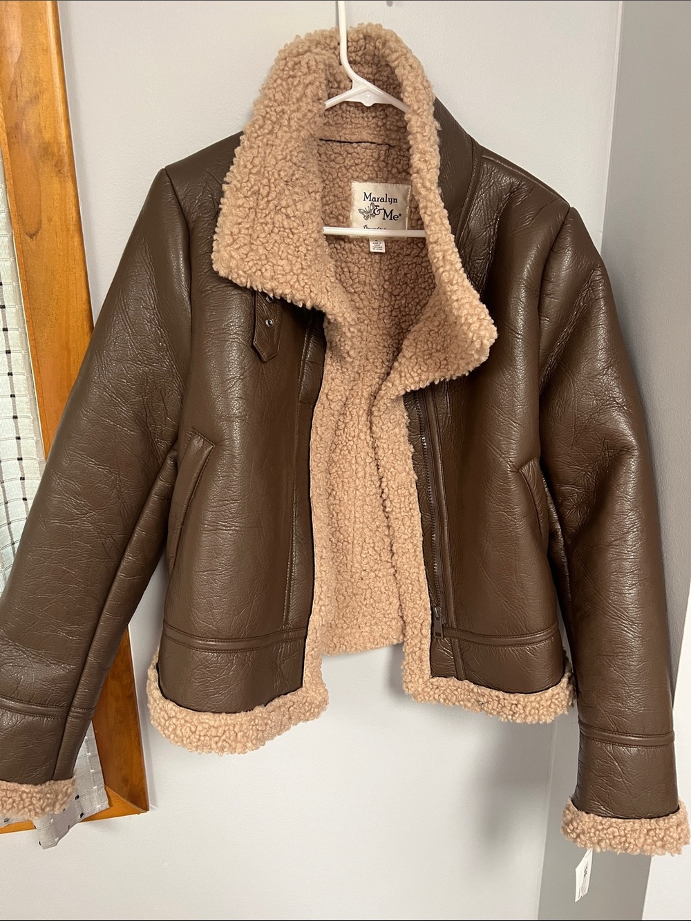 Maralyn & Me Brown Faux Leather Jacket with Tan Shearling Trim